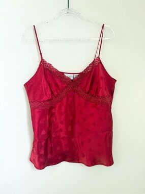 Jaclyn Smith Red Satin Lace-Trim Slip Heart Print Spaghetti Straps Size XL